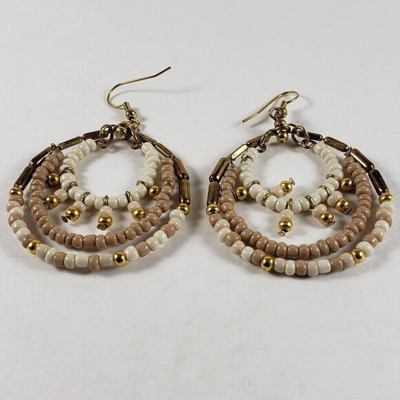 Women's Vintage Gold tone, White & Brown Multi-Strand Beaded Teardrop Earrings - Picture 1 of 4
